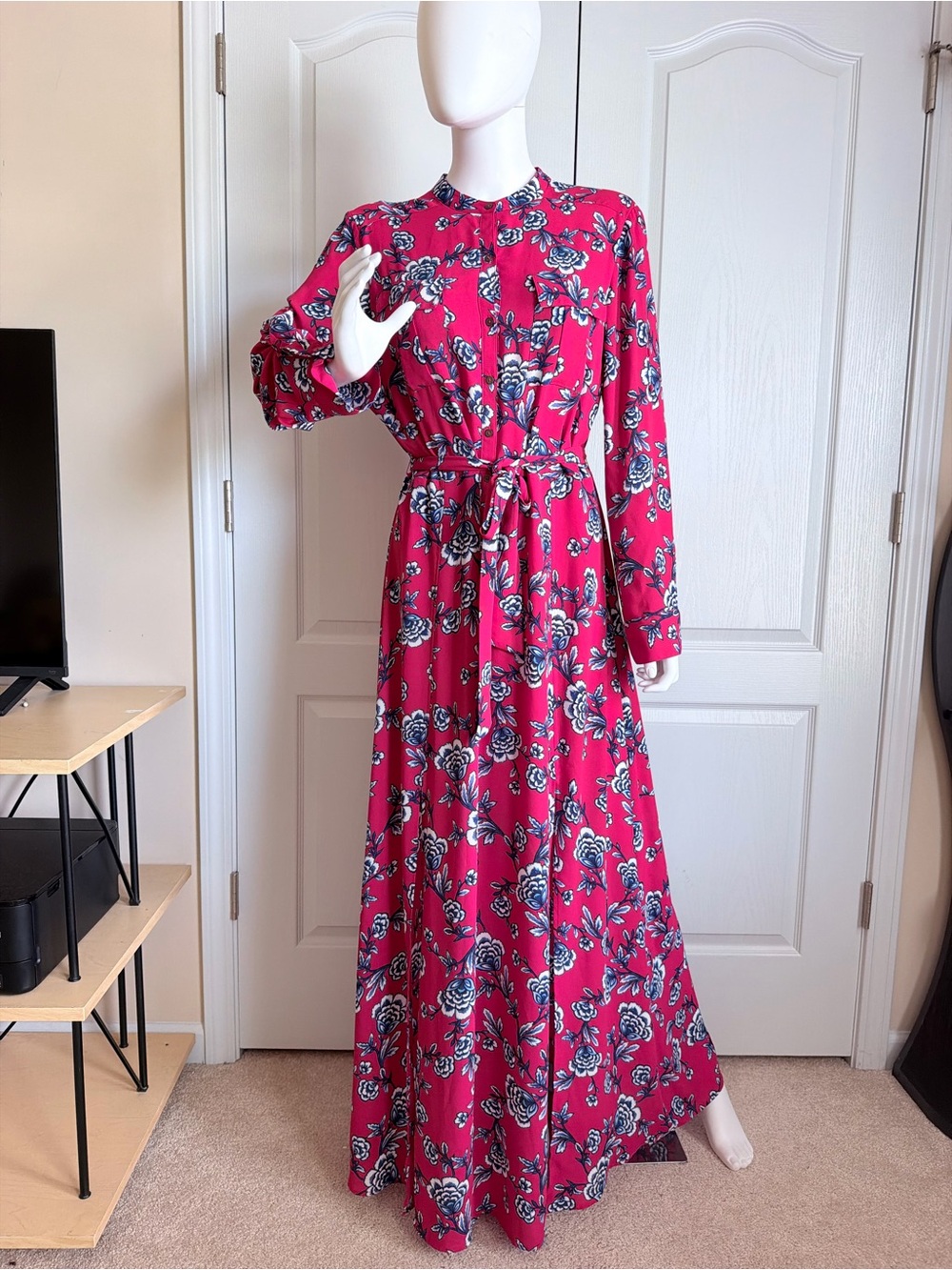 Express Fuchsia Floral Long-Sleeve Maxi Dress with Tie Waist Size L